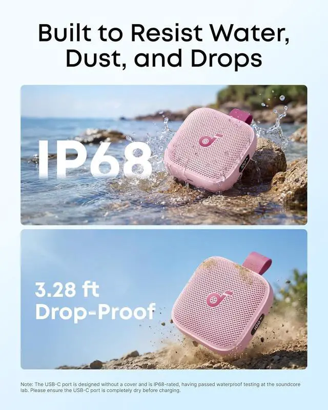 Alt view image 6 of 7 - Soundcore Boom Go 3i Portable Bluetooth Speaker by Anker, 15W Punchy Sound, 24H Playtime, IP68, BassUp 2.0, Emergency Charging, Bluetooth 6.0, Waterproof Speaker for Hiking/Cycling/Camping (Pink)