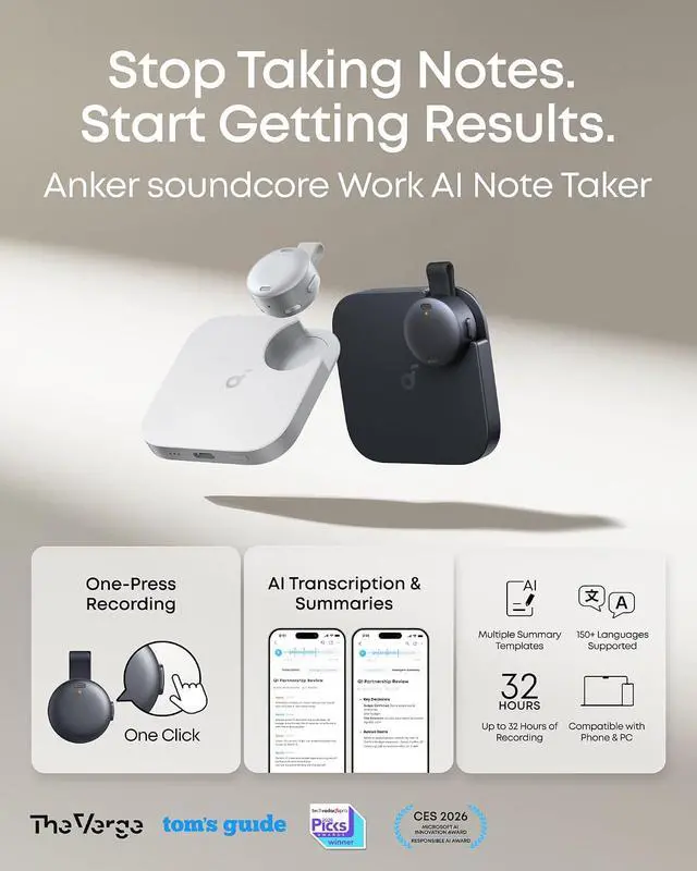 Alt view image 2 of 7 - soundcore Work by Anker, Coin-Sized AI Voice Recorder, AI Note Taker for Meetings & Lectures, 8GB, AI Transcription, AI Gadget, Cross-Meeting Summary, MFi Certified