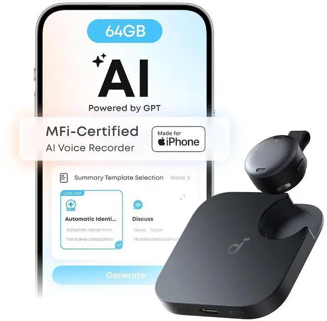 Main image of soundcore Work AI Voice Recorder by Anker, Wearable Note Taker for Meetings, Transcribe and Summarize, MFi Certified, 64GB, 150+ Languages, USB-C Charging, 32H Recording, Find My