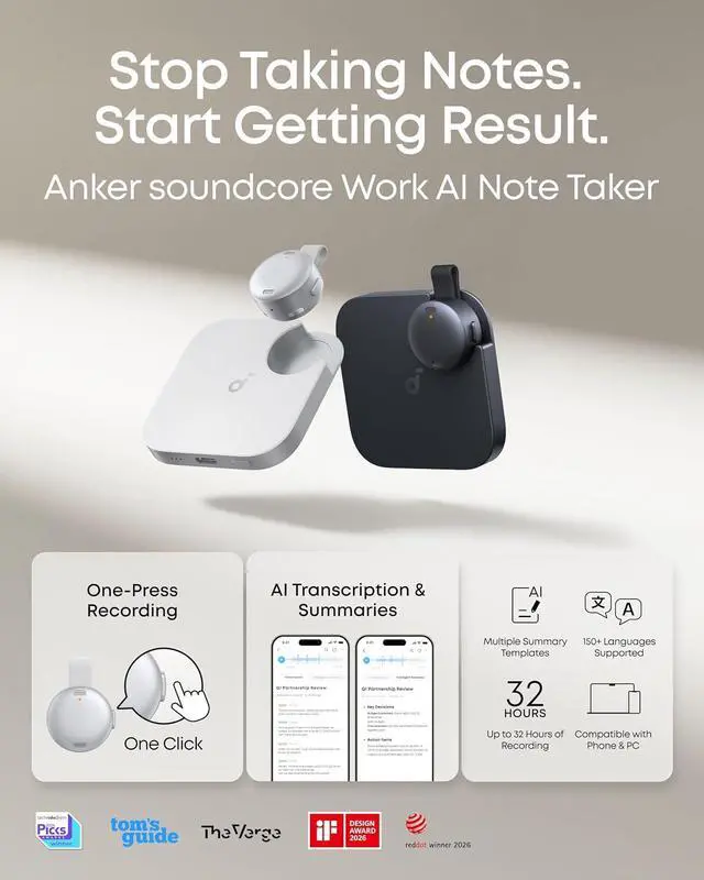 Alt view image 2 of 7 - soundcore Work by Anker, Coin-Sized AI Voice Recorder, AI Note Taker for Meetings & Lectures, 8GB, AI Transcription, AI Gadget, Cross-Meeting Summary, MFi Certified