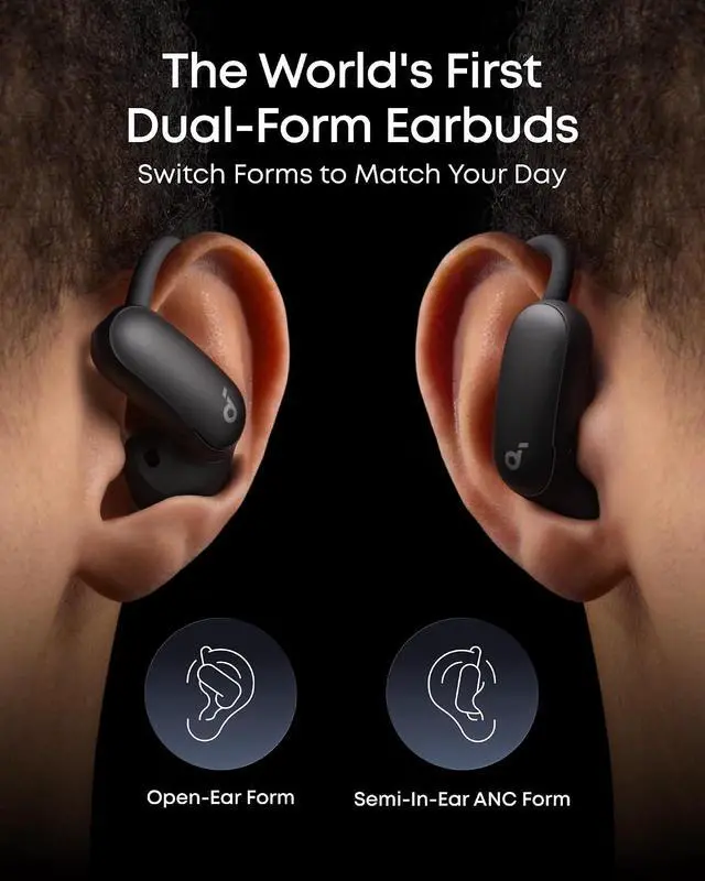 Alt view image 2 of 6 - Soundcore AeroFit 2 Pro by Anker, Dual-Form Earbuds, Open-Ear & Active Noise Cancellation Forms, 5-Level Adjustable Ear Hooks for Dual Forms, Hi-Res Audio with LDAC, 4-Mic AI Clear Calls