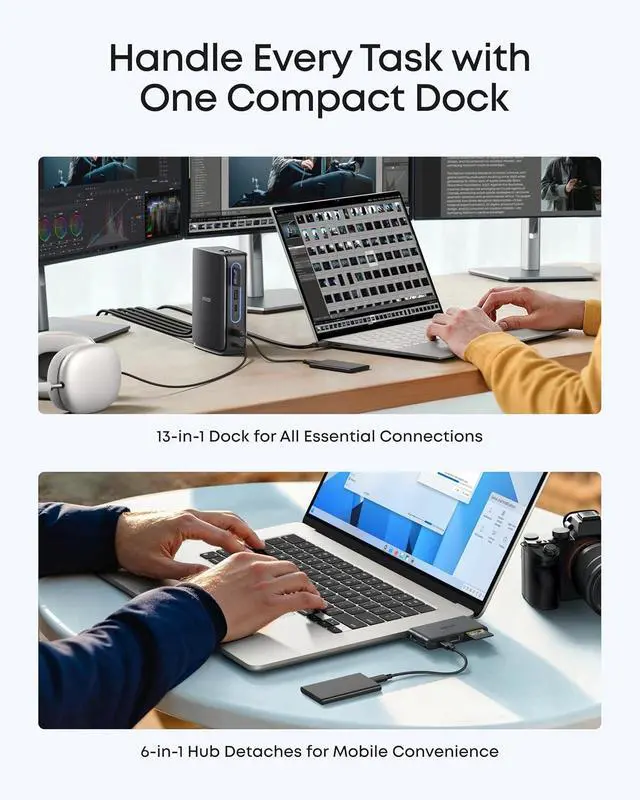 Alt view image 3 of 7 - Anker Nano 13-in-1 Laptop Docking Station with Detachable 6-in-1 Hub, USB-C 3 Display Docking (2 HDMI+1 DP), 10 Gbps USB-C, 3 USB-A, Audio, SD/TF, Ethernet, 100W Max PD for Dell/Lenovo/HP Home Office