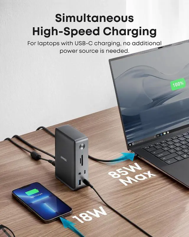 Alt view image 4 of 7 - Anker Laptop Docking Station, 13-in-1 USB-C Docking Station, Triple Display with 2xHDMI and 1xDP, 10 Gbps USB-C and 5 Gbps USB-A Data, Ethernet, Audio, SD, 85W Charging for Dell, HP, Lenovo and More