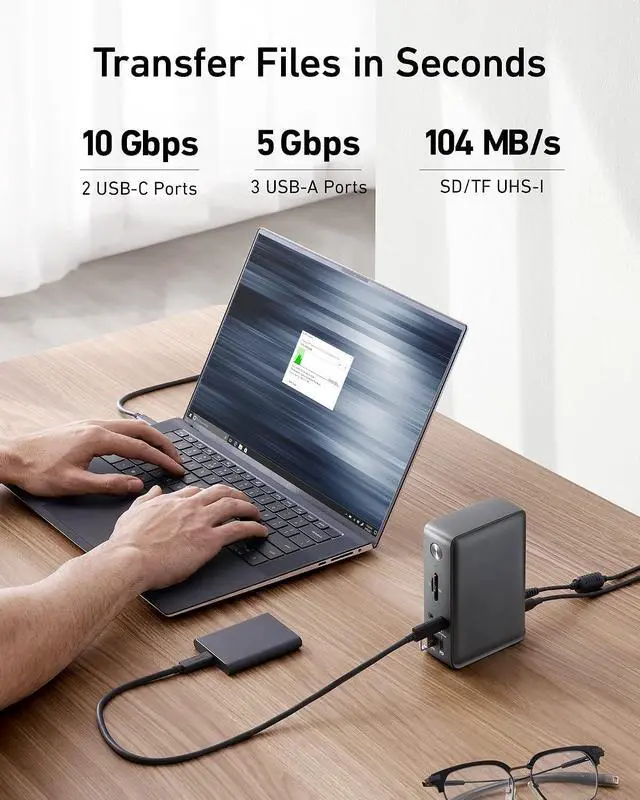 Alt view image 6 of 7 - Anker Laptop Docking Station, 13-in-1 USB-C Docking Station, Triple Display with 2xHDMI and 1xDP, 10 Gbps USB-C and 5 Gbps USB-A Data, Ethernet, Audio, SD, 85W Charging for Dell, HP, Lenovo and More