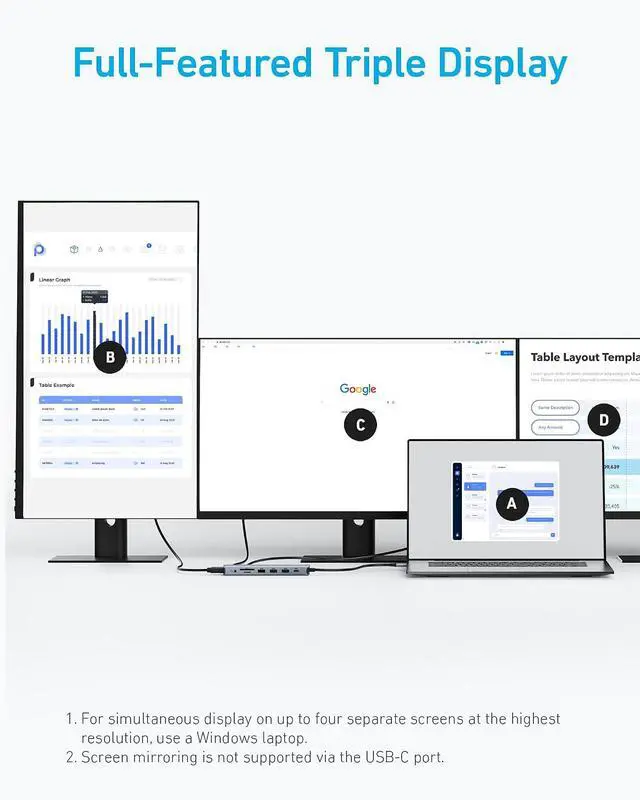 Alt view image 5 of 7 - Anker Laptop Docking Station, 14 in 1 USB C Hub, Triple Display with 2 x 4K HDMI, 1080p VGA, 80W Power Delivery, 5Gbps USB-A/C Data Ports for Dell XPS and More (Charger not Included) (Pack of 2)