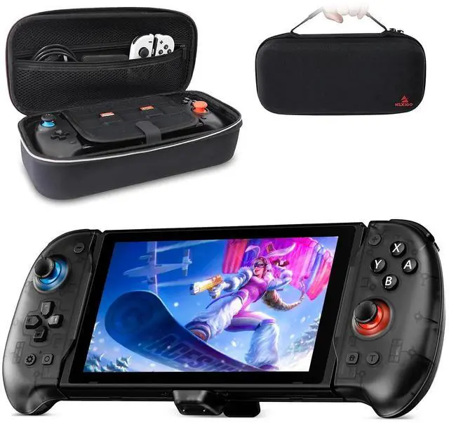 Main image of NexiGo Hall Effect Gripcon with Kickstand and HDMI Out for TV Docking, Hall Sensing Joystick for Switch/Switch OLED (Black), Switch Controller Carrying Case with 10 Game Card Holders
