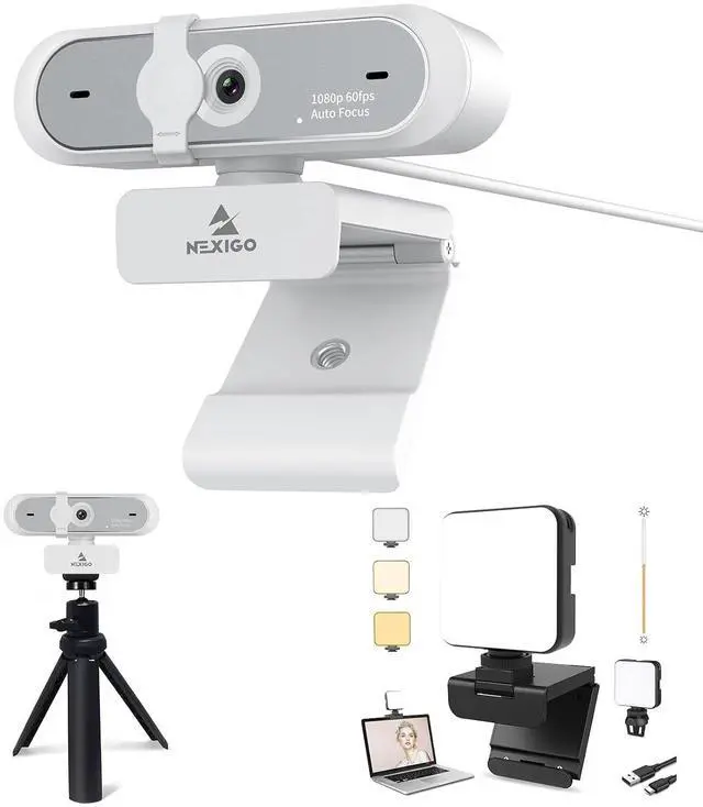 Main image of NexiGo 60FPS 1080P Webcam Kits, N660P FHD USB Web Camera with Privacy Cover and Dual Microphones, Upgraded Video Conference Lighting, Lightweight Mini Tripod, for Zoom/Skype/Teams, White