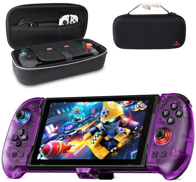 Main image of NexiGo Hall Effect Gripcon with Kickstand and HDMI Out for TV Docking, Hall Sensing Joystick for Switch/Switch OLED (Purple), Switch Controller Carrying Case with 10 Game Card Holders