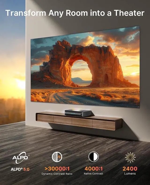 Alt view image 4 of 7 - NexiGo Aurora Pro MKII 4K Tri-Color Laser UST Projector with 100" Fresnel ALR Screen, Dynamic Iris & Laser Dimming, 0.21:1 Throw Ratio, Dolby Vision, Dolby Atmos, HDR10+, 85% Ambient Light Rejecting
