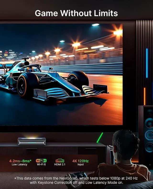 Alt view image 5 of 6 - NexiGo Aurora Pro MKII, with 120" Fresnel ALR Screen, Factory Calibrated Color Accuracy, 4K Tri-Color Laser Ultra Short Throw Projector, 30000:1 Contrast Ratio, Dolby Vision & Atmos, HDR10+, 3D