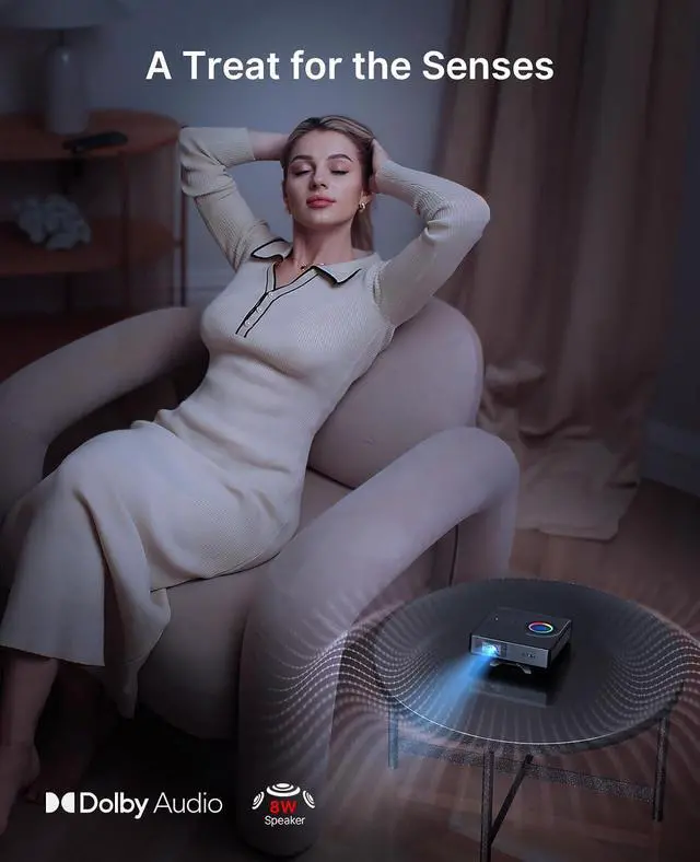 Alt view image 6 of 7 - NexiGo Nova Mini, Portable Laser Projector, Google TV w/Netflix, 1080p FHD, 1200 Lumens, 15000:1 Contrast w/SAE, 3D, Auto Setup, 150" Display, 8W Dolby Audio, Portable for Home & Outdoor