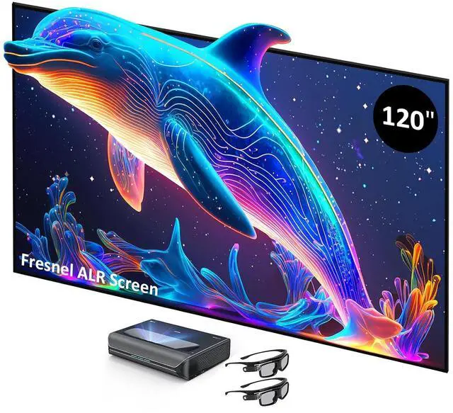 Main image of NexiGo Aurora Pro Ultra Short Throw 4K Tri-Color Laser Projector with 120" Fresnel ALR Screen and DLP Link 3D Glasses, 2400 Lumens Brightness, Dynamic Laser Dimming, 85% ALR for Clear Daylight Viewing