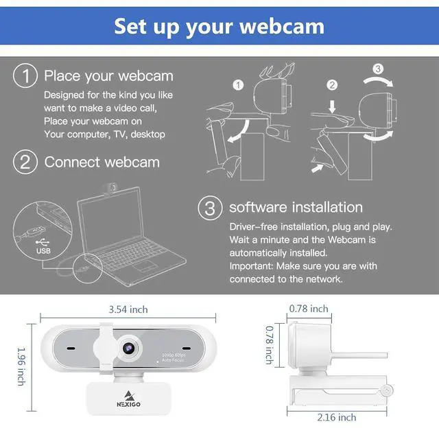 Alt view image 7 of 7 - NexiGo N660P (Gen 2) 1080P 60FPS Webcam with Software Control, Dual Microphone & Cover, Autofocus, HD USB Computer Web Camera, for OBS/Zoom/Skype/FaceTime/Teams/Twitch, White
