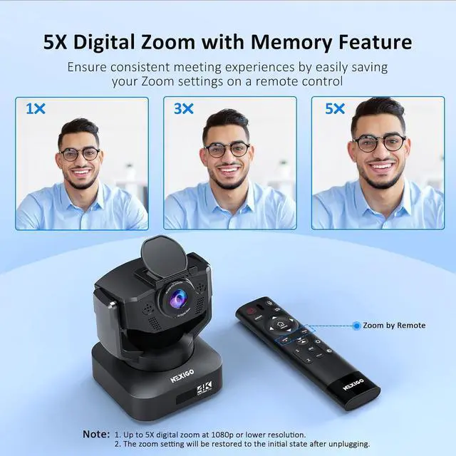 Alt view image 5 of 7 - NexiGo Zoom Certified, N990 (Gen 2) 4K PTZ Webcam, Video Conference Camera System with 5X Digital Zoom, Sony_Starvis Sensor, Position Preset, Dual Stereo Mics, 3.5mm Audio Jacks for External Mics