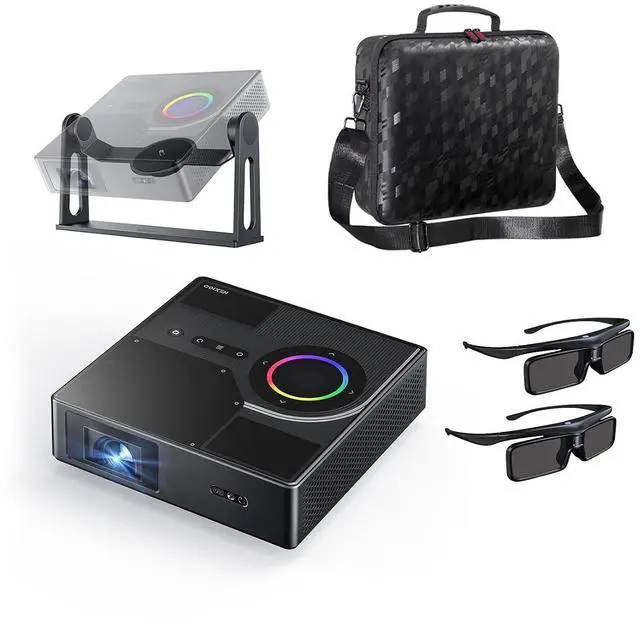 Main image of NexiGo Nova Mini Portable Laser Projector with Carrying Case/Gimbal Stand/3D Glasses, Google TV w/Netflix, 1080p FHD, 1200 Lumens, 15000:1 Contrast w/SAE, 3D, Auto Setup, 150" Display, 8W Dolby Audio