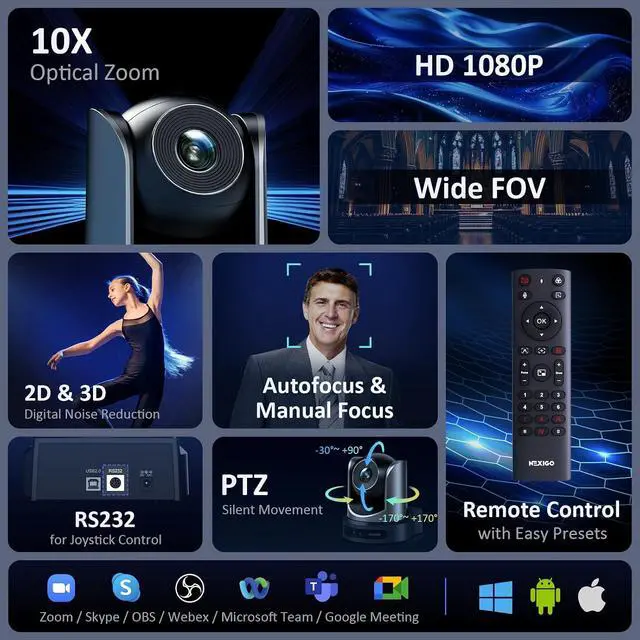 Alt view image 2 of 7 - NexiGo Conference Room PTZ Camera System with 10X Optical Zoom, Remote Control, USB Output & Autofocus for Live Streaming, Meetings, Church Services, Education, for OBS/Zoom/Skype | Easy Setup