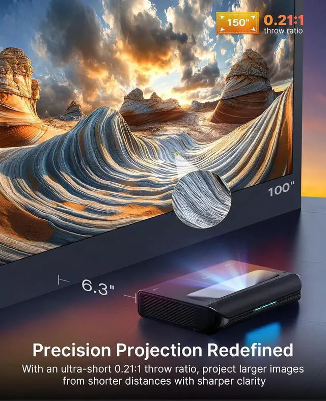 Alt view image 3 of 7 - NexiGo Aurora Pro MKII, 4K Tri-Color Laser UST Projector, 30000:1 Contrast Ratio, Dynamic Iris & Laser Dimming, 0.21:1 Throw Ratio, Dolby Vision & Atmos, HDR10+, 3D, 4.2ms ~ 8ms Low Latency