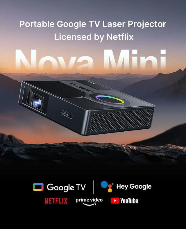 Alt view image 2 of 7 - NexiGo Nova Mini Portable Laser Projector with Carrying Case, Google TV w/Netflix, 1080p FHD, 1200 Lumens, 15000:1 Contrast w/SAE, 3D, Auto Setup, 150" Display, 8W Dolby Audio, Home & Outdoor Use