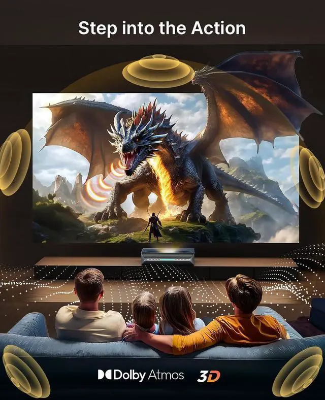 Alt view image 4 of 7 - NexiGo Aurora Pro MKII Laser TV with 120" Fresnel ALR Screen and 3D Glasses, 4K Tri-Color Laser UST Projector, Dynamic Iris & Laser Dimming, 0.21:1 Throw Ratio, Dolby Vision, Dolby Atmos, HDR10+