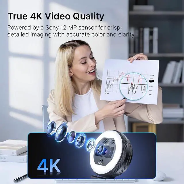 Alt view image 2 of 7 - NexiGo N930E Pro, 4K Webcam with Ring Light, PDAF Autofocus, 1080P@60FPS, Dual Noise-Canceling Mics, Built-in Privacy Shutter, Web Cam for Streaming, Meeting, Gaming