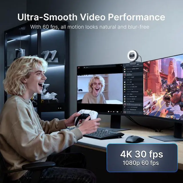 Alt view image 7 of 7 - NexiGo N930E Pro, 4K Webcam with Ring Light, PDAF Autofocus, 1080P@60FPS, Dual Noise-Canceling Mics, Built-in Privacy Shutter, Web Cam for Streaming, Meeting, Gaming