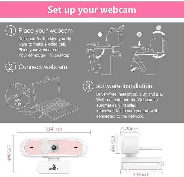 Alt view image 7 of 7 - NexiGo N660P 1080P 60FPS Webcam with Software Control, Dual Microphone & Cover, Autofocus, HD USB Computer Web Camera, for OBS/Zoom/Skype/FaceTime/Teams/Twitch, Pink