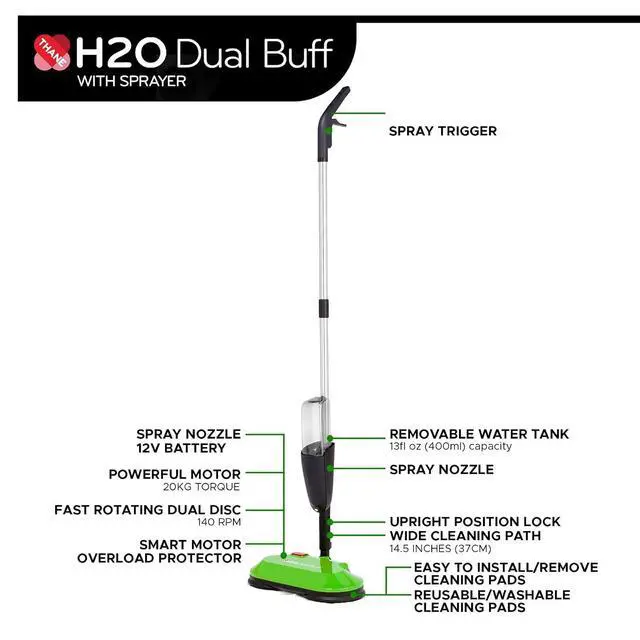 Alt view image 5 of 6 - H2O Dual Buff Hard Floor Cleaner, Cordless Electric Mop - Rechargeable Hard Floor Cleaner Head Scrub, Buff, and Polish with Washable Microfiber Cloths - Spray Mop for Hardwood Floors, Laminate, Tile