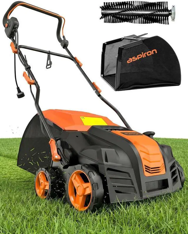 Main image of Aspiron 16 Artificial Turf Sweeper, 2000w Artificial Turf Vacuum Grass Sweeper 15 Amp Lawn Sweeper Yard Power Brush with 55L Removable Leaf Collection Bag, Quick-Fold, Keeps Clear Sweepy Box, Pumpkin