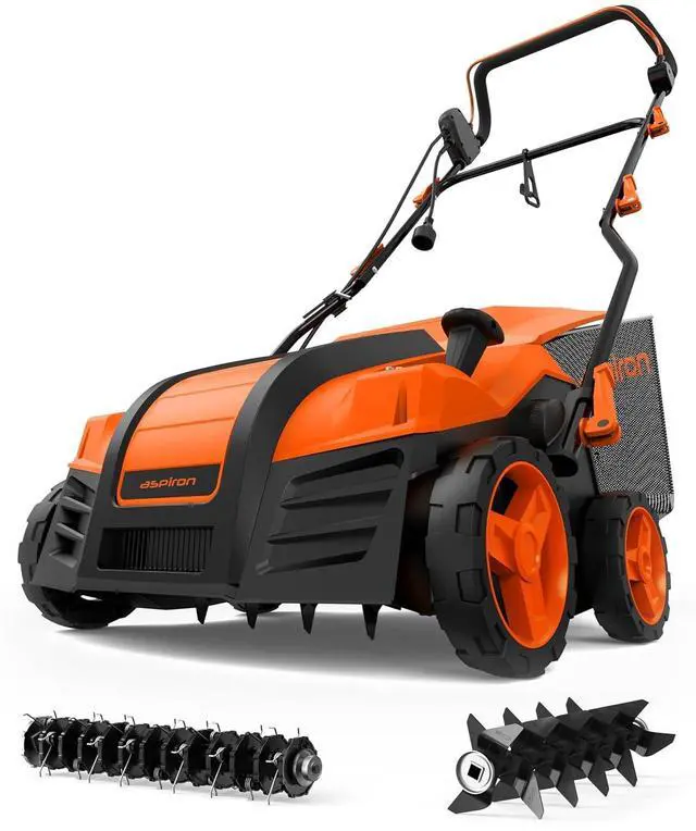 Main image of Aspiron Electric Lawn Dethatcher & Scarifier with 14.5-Gal Bag, 15 Amp, 16 Inch Lawn Dethatcher with 5-Position Depth Adjustment, Quick-Fold, Keeps Lawn Health, Tangerine
