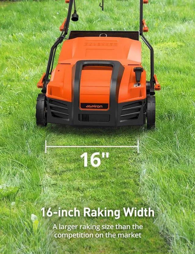Alt view image 3 of 7 - Aspiron Electric Lawn Dethatcher & Scarifier with 14.5-Gal Bag, 15 Amp, 16 Inch Lawn Dethatcher with 5-Position Depth Adjustment, Quick-Fold, Keeps Lawn Health, Tangerine
