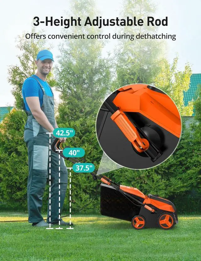 Alt view image 5 of 7 - Aspiron Electric Lawn Dethatcher & Scarifier with 14.5-Gal Bag, 15 Amp, 16 Inch Lawn Dethatcher with 5-Position Depth Adjustment, Quick-Fold, Keeps Lawn Health, Tangerine
