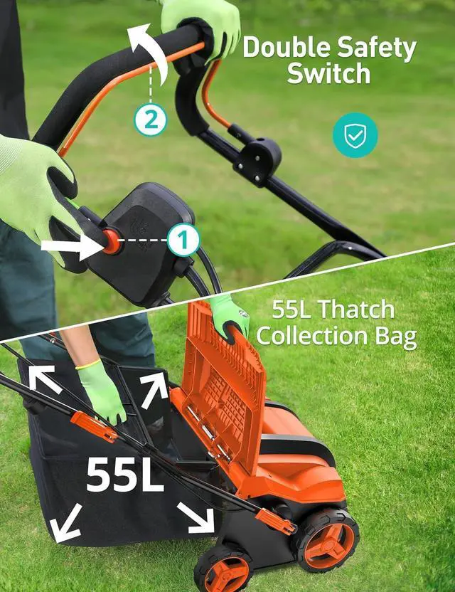 Alt view image 6 of 7 - Aspiron Electric Lawn Dethatcher & Scarifier with 14.5-Gal Bag, 15 Amp, 16 Inch Lawn Dethatcher with 5-Position Depth Adjustment, Quick-Fold, Keeps Lawn Health, Tangerine
