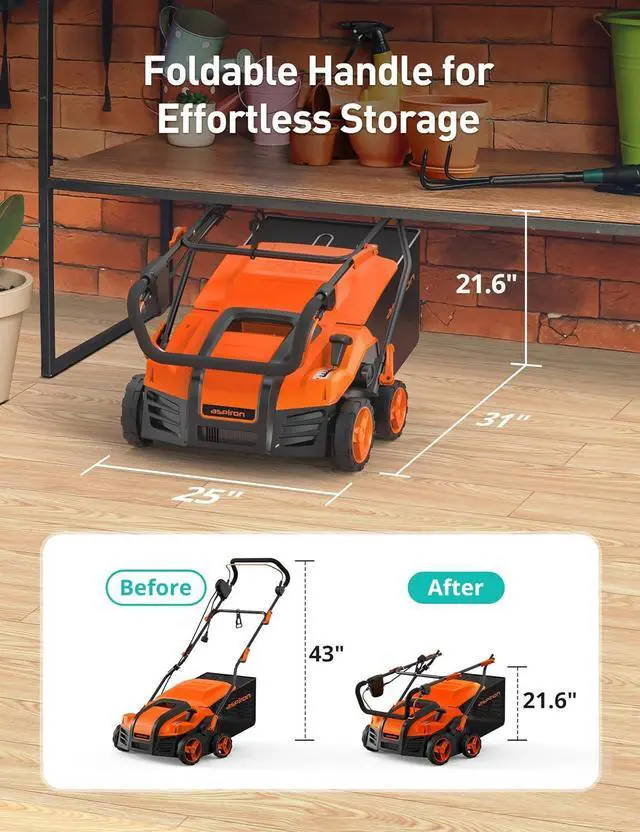 Alt view image 7 of 7 - Aspiron Electric Lawn Dethatcher & Scarifier with 14.5-Gal Bag, 15 Amp, 16 Inch Lawn Dethatcher with 5-Position Depth Adjustment, Quick-Fold, Keeps Lawn Health, Tangerine