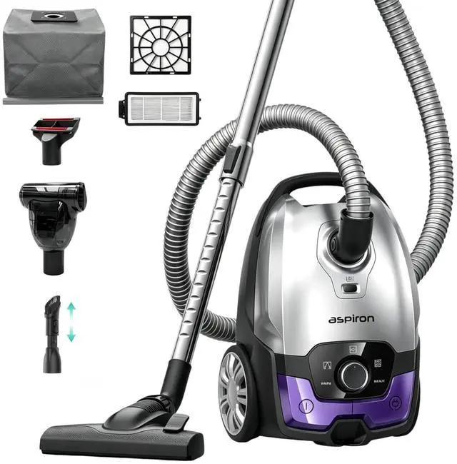 Main image of Aspiron Canister Vacuum, 1700W/45KPA Bagged Vacuum Cleaner, 5L Large Capacity, Auto Cord Rewind, HEPA Filter, Low Noise, 8M Cleaning Radius, Easy to Push, Hard Floor, Low Pile Carpet, Car, Crack