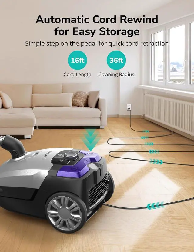 Alt view image 5 of 7 - Aspiron Canister Vacuum, 1700W/45KPA Bagged Vacuum Cleaner, 5L Large Capacity, Auto Cord Rewind, HEPA Filter, Low Noise, 8M Cleaning Radius, Easy to Push, Hard Floor, Low Pile Carpet, Car, Crack