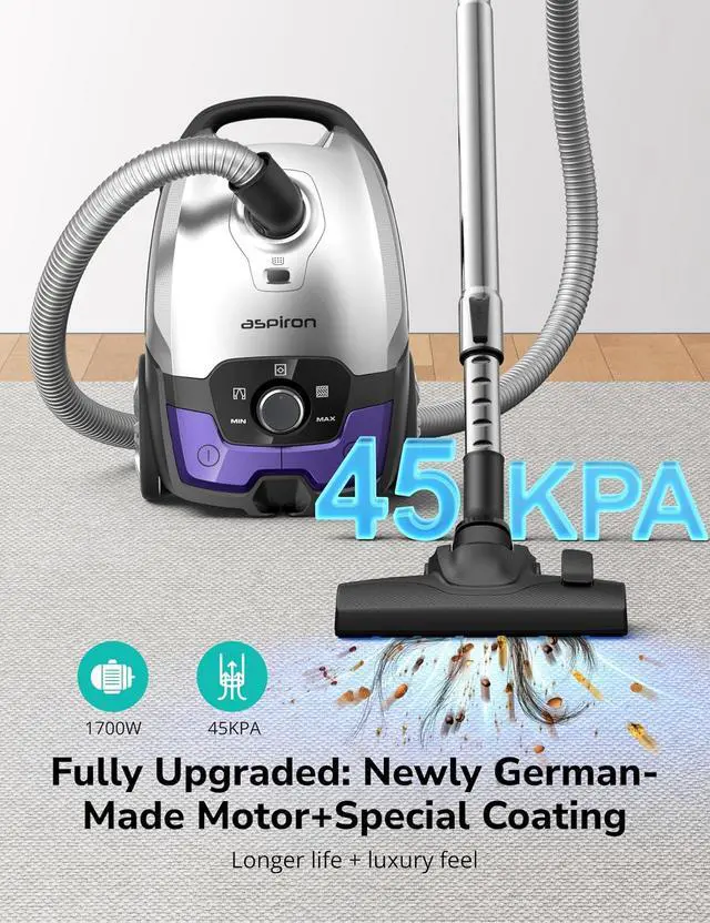 Alt view image 3 of 7 - Aspiron Canister Vacuum, 1700W/45KPA Bagged Vacuum Cleaner, 5L Large Capacity, Auto Cord Rewind, HEPA Filter, Low Noise, 8M Cleaning Radius, Easy to Push, Hard Floor, Low Pile Carpet, Car, Crack
