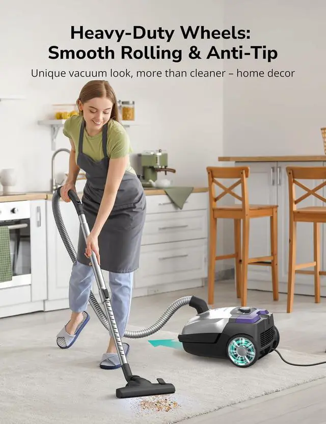 Alt view image 7 of 7 - Aspiron Canister Vacuum, 1700W/45KPA Bagged Vacuum Cleaner, 5L Large Capacity, Auto Cord Rewind, HEPA Filter, Low Noise, 8M Cleaning Radius, Easy to Push, Hard Floor, Low Pile Carpet, Car, Crack