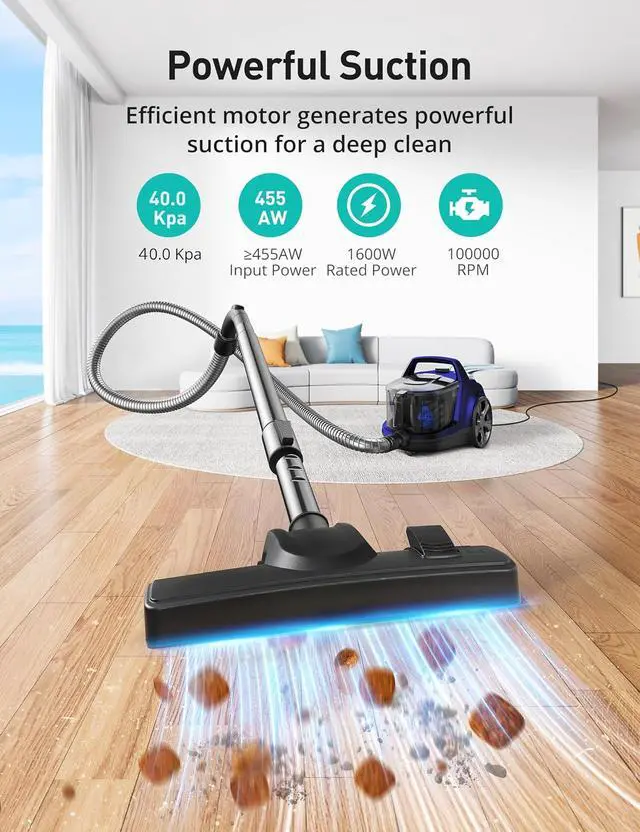 Alt view image 2 of 7 - Aspiron 40Kpa Canister Vacuum Cleaner, 1600W Bagless Canister Vacuum Cleaner with 5 Tools, Auto Cord Rewind, H13 HEPA Filter, 4Qt Large Cup, for Hard Floors, Carpet, Pet, Upholstery, Tiles, Sapphire