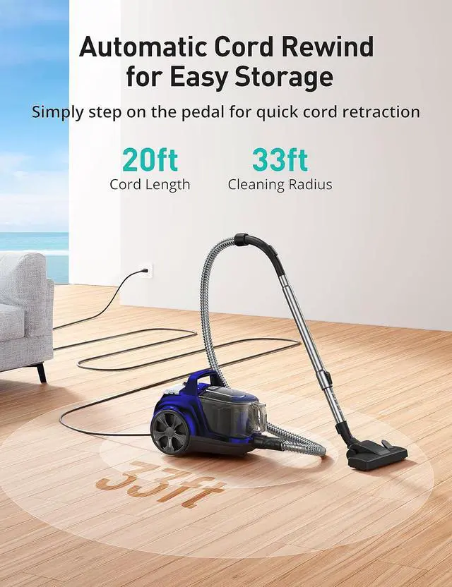 Alt view image 5 of 7 - Aspiron 40Kpa Canister Vacuum Cleaner, 1600W Bagless Canister Vacuum Cleaner with 5 Tools, Auto Cord Rewind, H13 HEPA Filter, 4Qt Large Cup, for Hard Floors, Carpet, Pet, Upholstery, Tiles, Sapphire