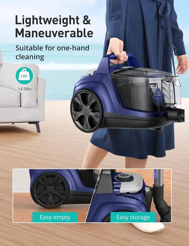 Alt view image 7 of 7 - Aspiron 40Kpa Canister Vacuum Cleaner, 1600W Bagless Canister Vacuum Cleaner with 5 Tools, Auto Cord Rewind, H13 HEPA Filter, 4Qt Large Cup, for Hard Floors, Carpet, Pet, Upholstery, Tiles, Sapphire