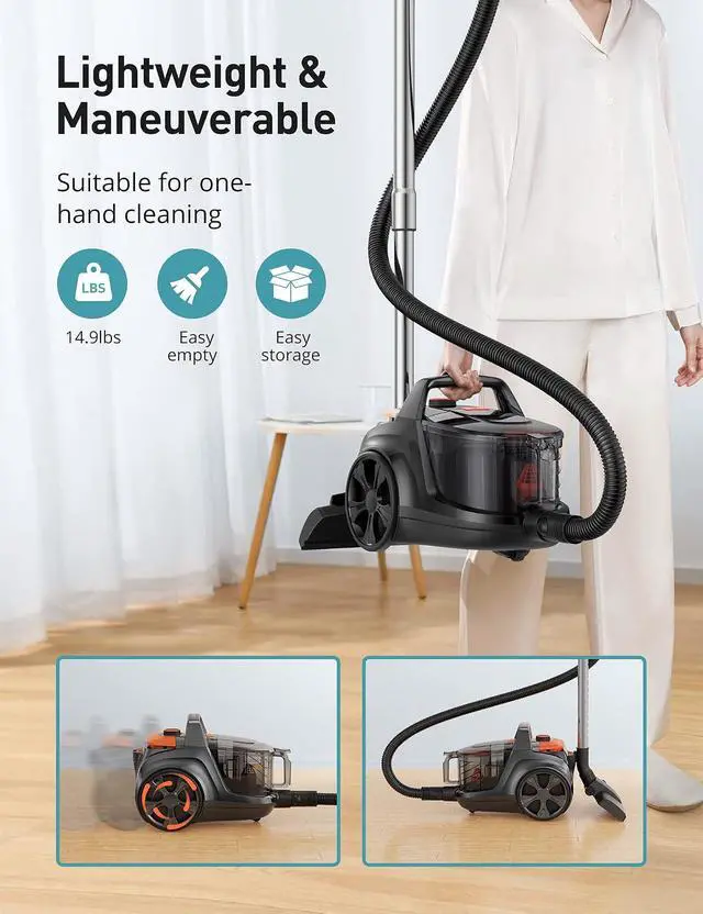 Alt view image 7 of 7 - Aspiron Canister Vacuum Cleaner, 40Kpa Bagless Vacuum Cleaners, 4QT Large Dust Cup, Double HEPA Filter, Retractable Cord, 1600W Lightweight Vacuum Cleaner with 5 Tools for Hard Floors, Amber