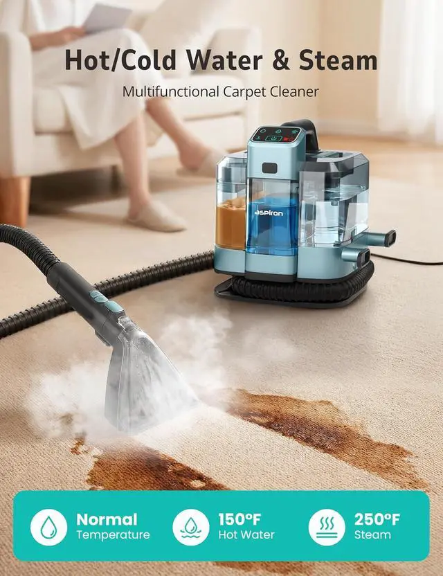 Alt view image 2 of 7 - Aspiron Carpet Cleaner,Fast Heating Steamer,Carpet Cleaner Machine for Home,Hot/Cold Water & Steam Wash,Spot Cleaning,20Kpa Powerful Suction,300ML Cleaning Solution,for Upholstery,Sofa,Pet Stain,Car
