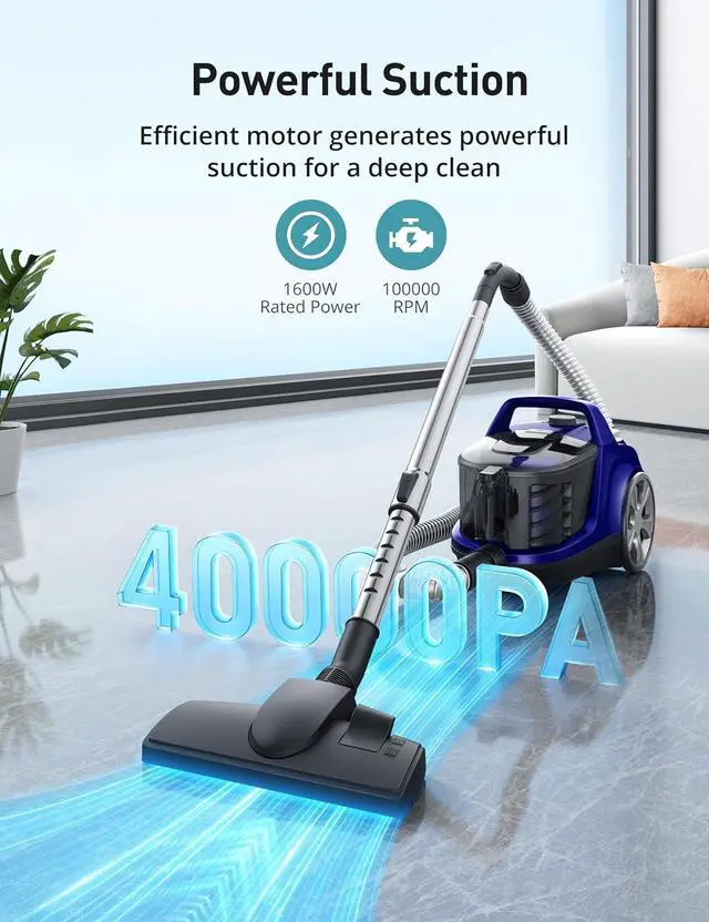 Alt view image 2 of 7 - Aspiron Canister Vacuum, Upgraded 1600W Bagless Canister Vacuum Cleaner | Auto Cord Rewind, H13 HEPA Filter, 4Qt Large Capacity, 5 Tools for Hard Floors, Carpet, Pet, Upholstery, Tiles, Aqua