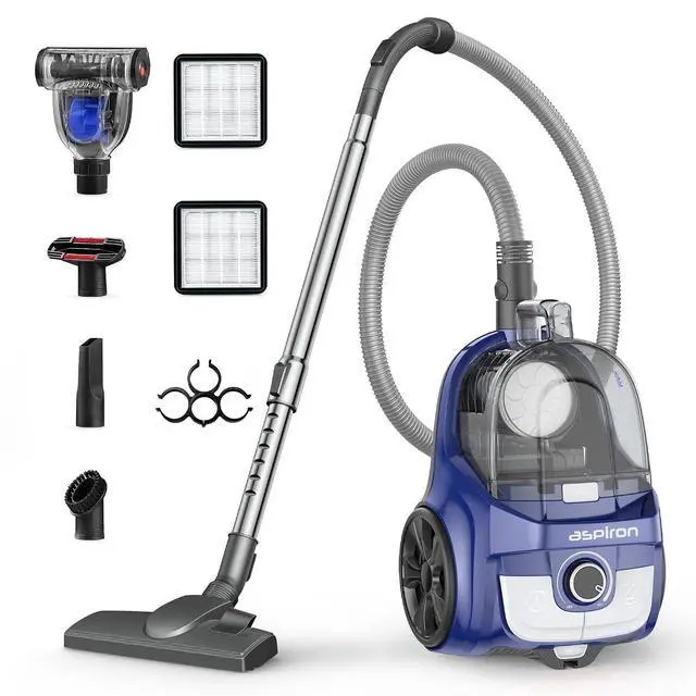 Main image of Aspiron Canister Vacuum, Upgraded 1600W Bagless Canister Vacuum Cleaner | Auto Cord Rewind, H13 HEPA Filter, 4Qt Large Capacity, 5 Tools for Hard Floors, Carpet, Pet, Upholstery, Tiles, Aqua
