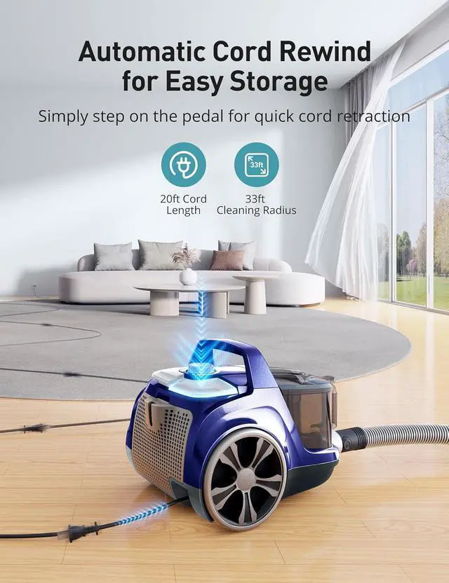Alt view image 7 of 7 - Aspiron Canister Vacuum, Upgraded 1600W Bagless Canister Vacuum Cleaner | Auto Cord Rewind, H13 HEPA Filter, 4Qt Large Capacity, 5 Tools for Hard Floors, Carpet, Pet, Upholstery, Tiles, Aqua
