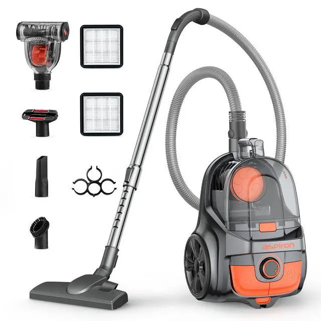 Main image of Aspiron Canister Vacuum, Upgraded 1600W Bagless Canister Vacuum Cleaner | Auto Cord Rewind, H13 HEPA Filter, 4Qt Large Capacity, 5 Tools for Hard Floors, Carpet, Pet, Upholstery, Tiles, Tangerine