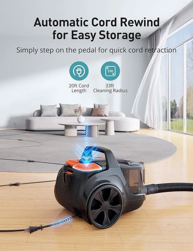 Alt view image 6 of 7 - Aspiron Canister Vacuum Cleaner, 40Kpa Bagless Vacuum Cleaners, 4QT Large Dust Cup, Double HEPA Filter, Retractable Cord, 1600W Lightweight Vacuum Cleaner with 5 Tools for Hard Floors, Amber