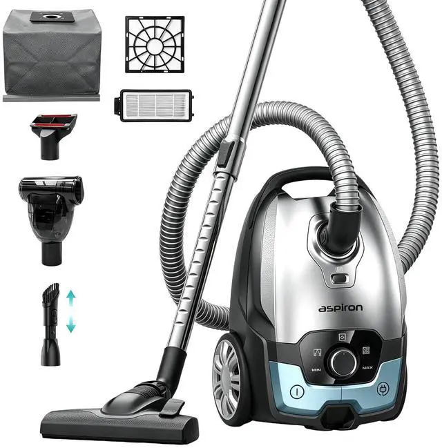 Main image of Aspiron Canister Vacuum, 1700W/45KPA Bagged Vacuum Cleaner for Home,5L Large Replaceable Dust Bag, No Mess Empty, Pet Friendly, Auto Cord Rewind, HEPA Filter, for Floor, Low Pile Carpet, Crack, Car