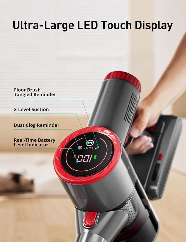Alt view image 2 of 7 - Aspiron Cordless Stick Vacuum Cleaner,550W/55KPA Stick Vacuum for Home, LED Touch Display Screen, 2 Charging Ways,2 HEPA Filter, LED Headlight,Handheld Vacuum for Hard Floor, Carpets, Sofa, Car