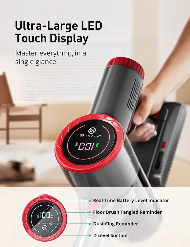Alt view image 3 of 6 - Aspiron Cordless Vacuum Cleaner,550W/55KPA Stick Vacuum Cleaner for Home, LED Touch Display Screen, 2 Charging Ways,Anti-Tangle Design,2 HEPA Filters, LED Headlight,for Hard Floors,Carpets,Sofa,Car